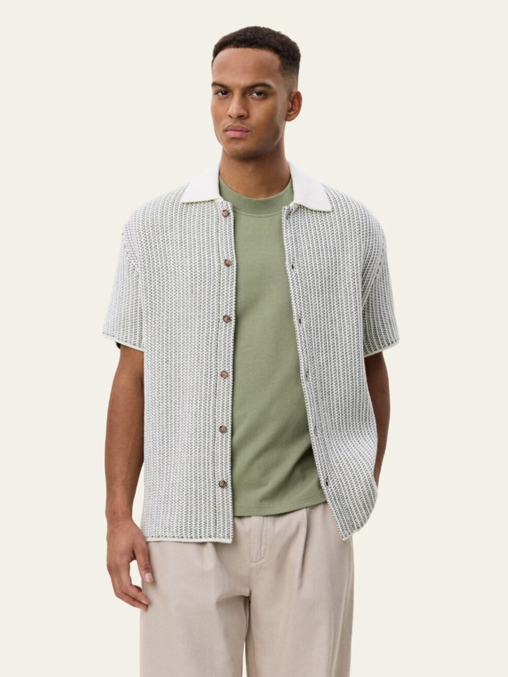 Les Deux Easton Knitted Short Sleeve Shirt in Oil Green Size XL